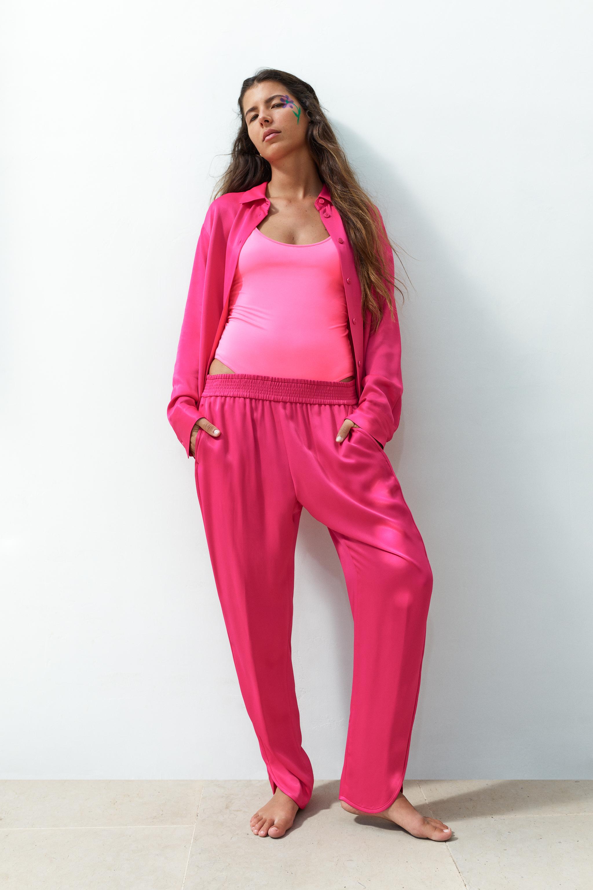 PANTALONI SATINA I CU FENTE Fucsia ZARA Romania